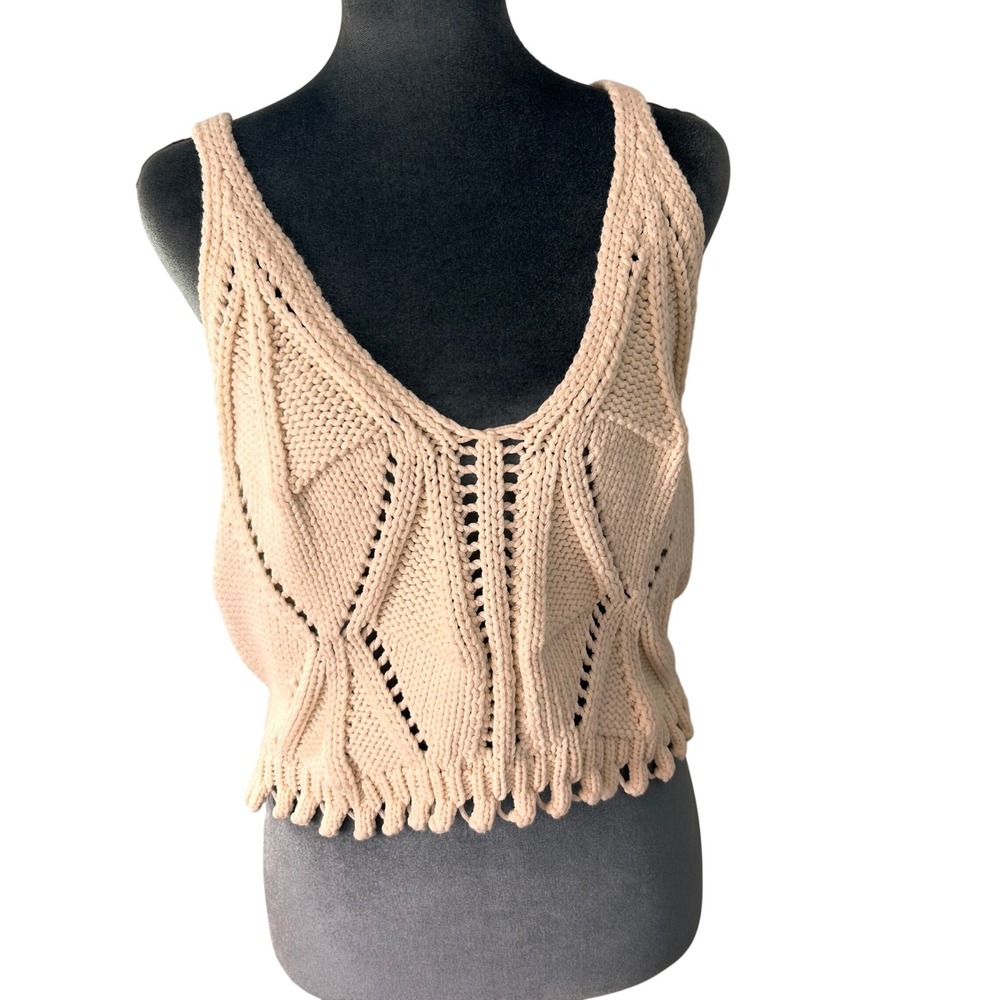 Zara Women Cream Chunky Diamond Knit V-Neck Crop Top Fringe Hem 1822/045 L